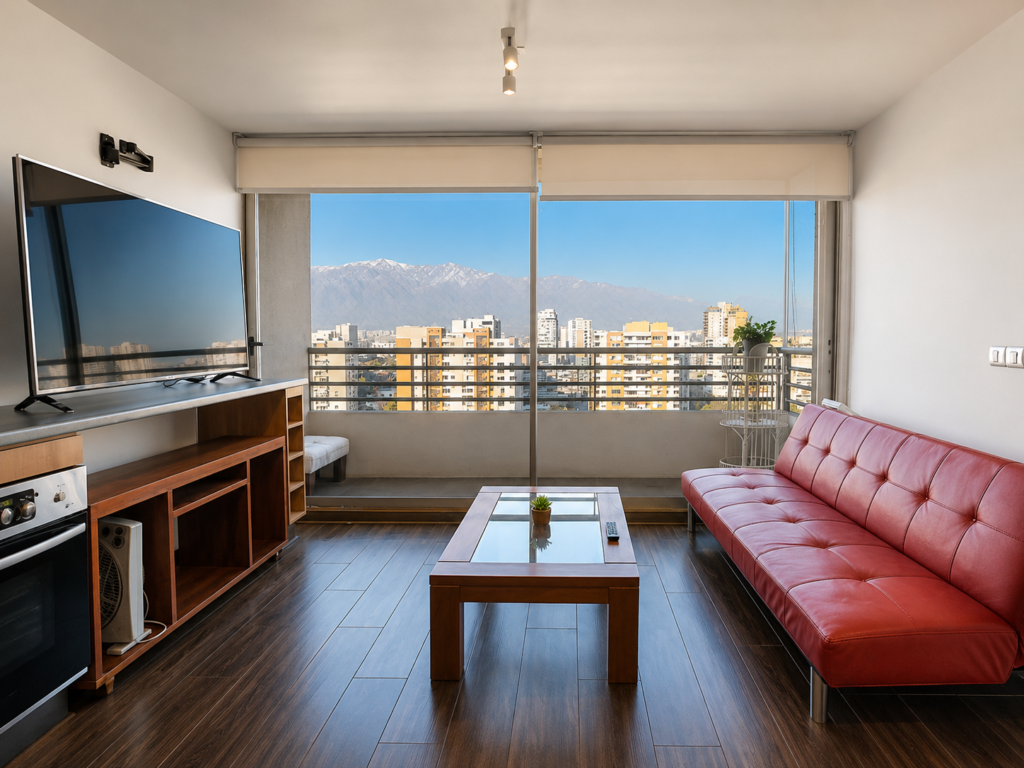 Living del Departamento San Miguel con sofá, mesa y vista a la cordillera